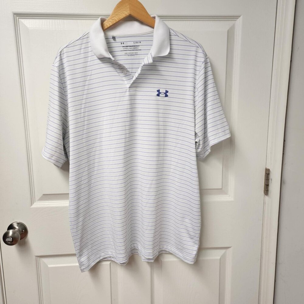 Under Armour performance stripe polo men size large blue green white loose fit